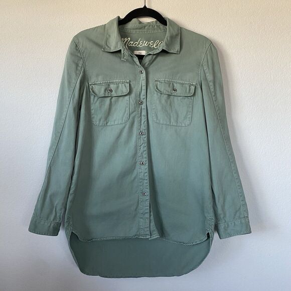 Madewell Hi Low Long Sleeve Button Down S Army Green Utility Relaxed Casual Chic - Picture 1 of 12